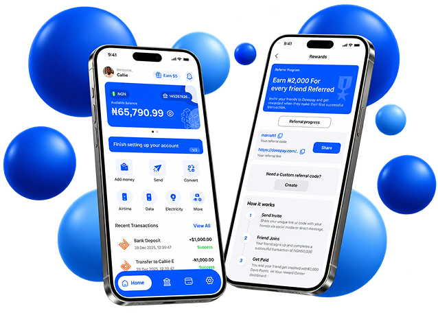 Davopay account and referral preview surrounded by blue glass shapes