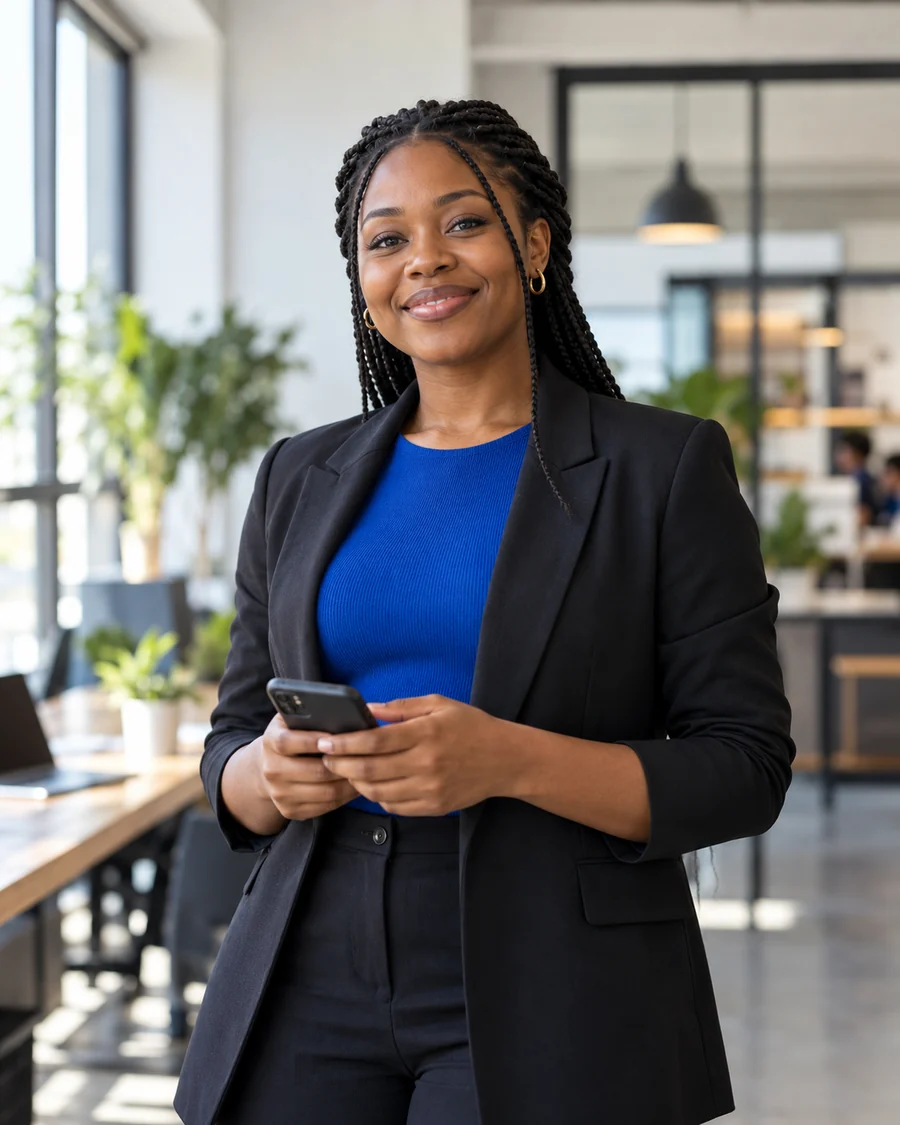 Young Nigerian professional holding a smartphone