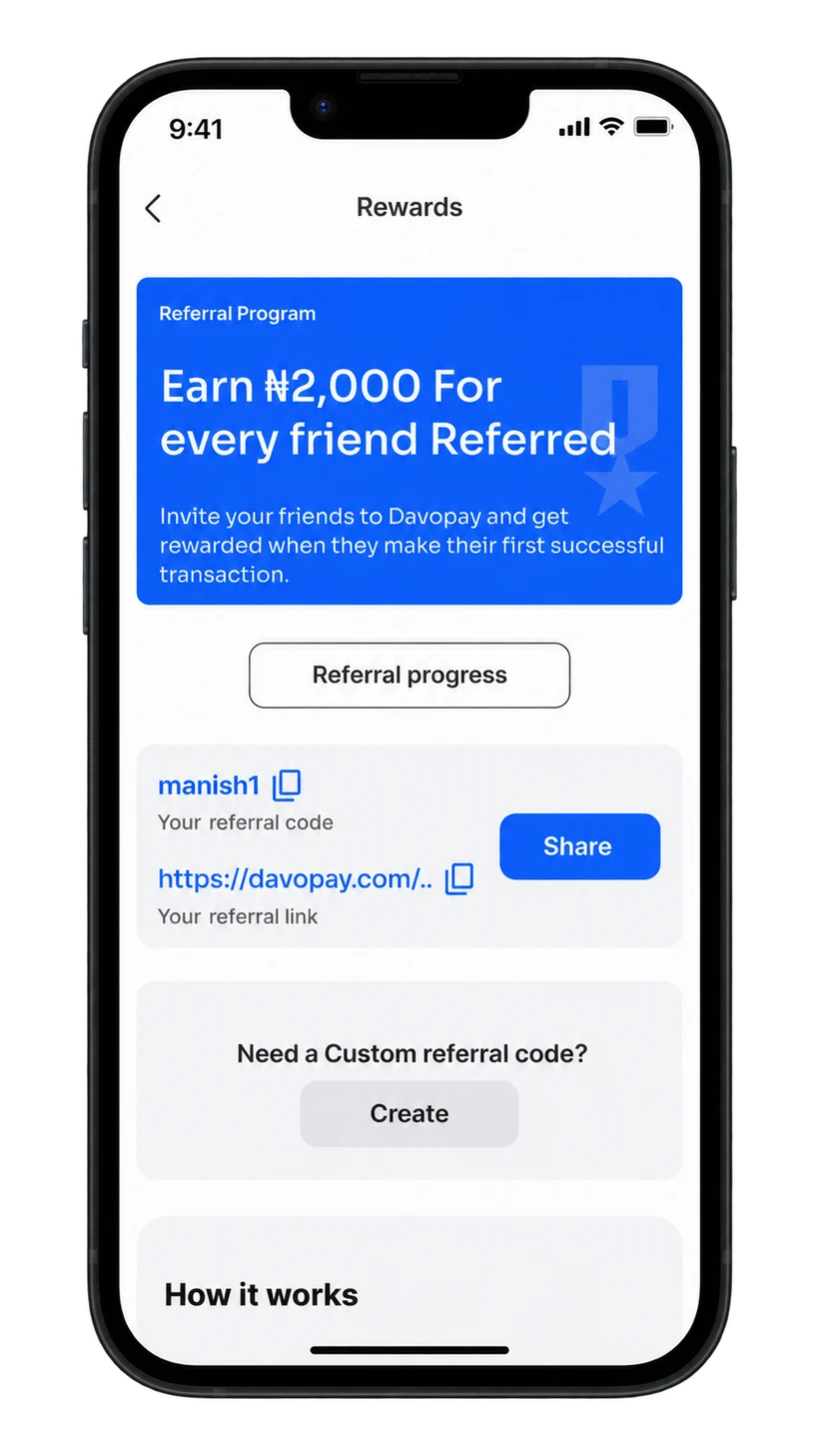 Illustrative Davopay rewards and referral programme preview