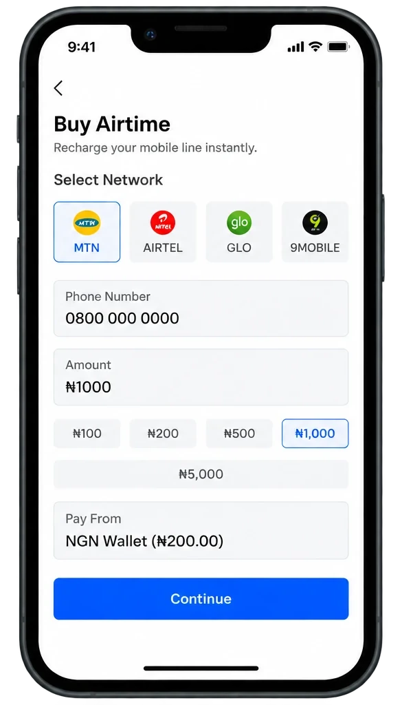 Davopay buy airtime screen with Nigerian mobile network options