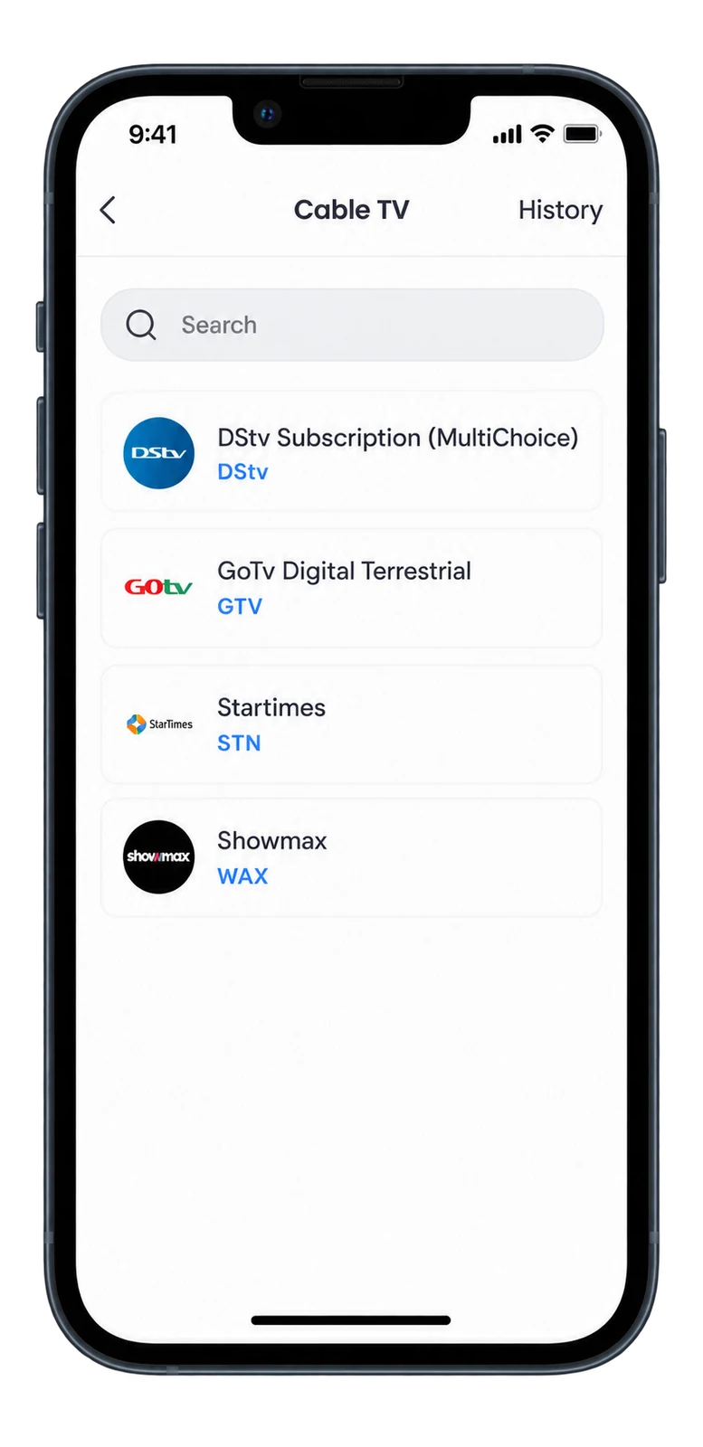 Davopay cable TV provider selection screen with Nigerian entertainment providers