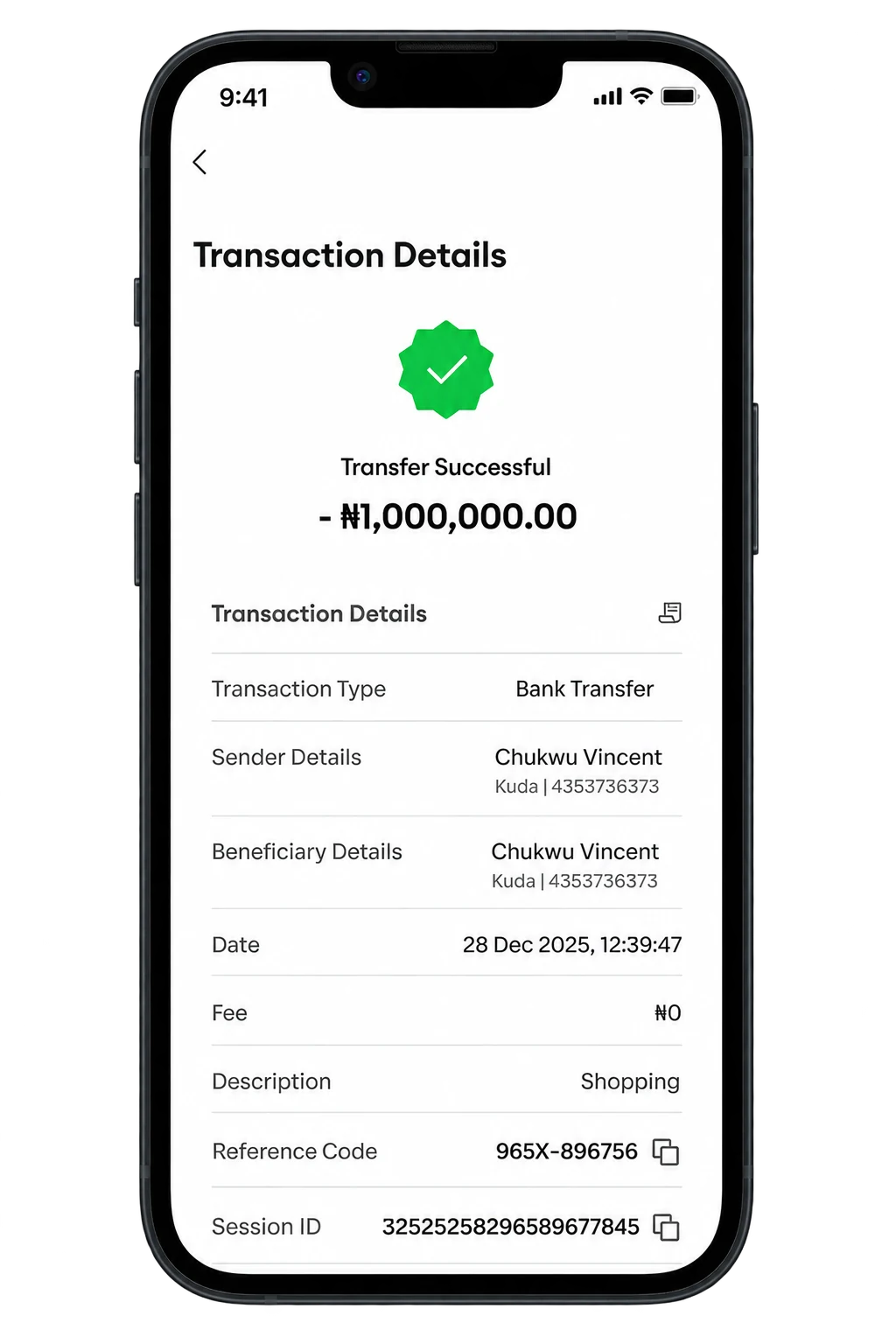 Davopay transaction details screen showing a successful bank transfer